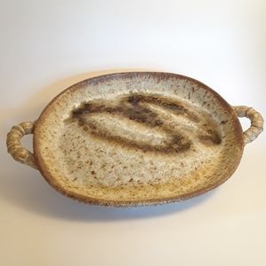 Signed clay glazed small serving dish earth tones